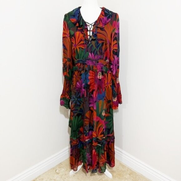 Farm Rio Bird Flowers Maxi Dress Floral Ruffles Long Sleeve Multicolor XL NWT - Picture 2 of 8